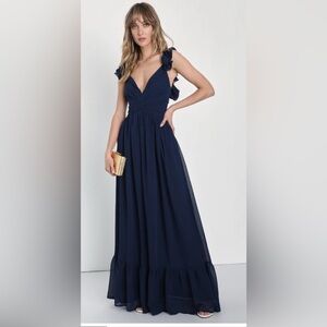 Lulus Soiree Celebration Navy Blue Ruffled Lace-Up Maxi Dress Sz M NWOT